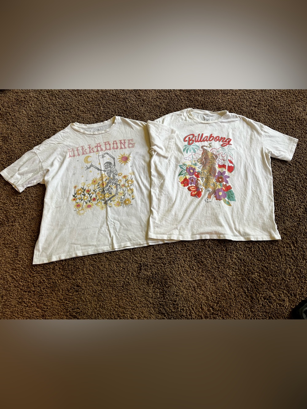 Two Billabong White Kids Short-Sleeve Tee with Tropical Floral Surf Graphic